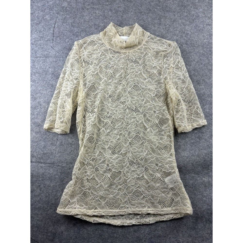 Jonathan Simkhai Women's M‎ Mock Neck Cream Floral Lace Blouse Short Sleeve